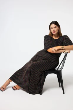 Women Scamp & Dude Black with Rainbow Lurex Stripe Puff Sleeve Midi Dress