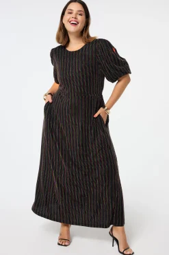 Women Scamp & Dude Black with Rainbow Lurex Stripe Puff Sleeve Midi Dress