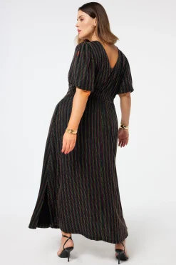 Women Scamp & Dude Black with Rainbow Lurex Stripe Puff Sleeve Midi Dress