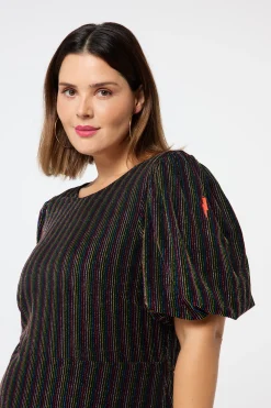 Women Scamp & Dude Black with Rainbow Lurex Stripe Puff Sleeve Midi Dress