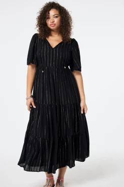 Women Scamp & Dude Black with Silver Lurex Angel Sleeve Tie Front Maxi Dress