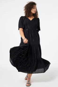 Women Scamp & Dude Black with Silver Lurex Angel Sleeve Tie Front Maxi Dress