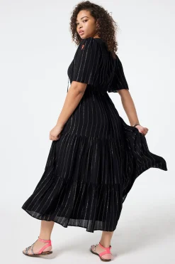 Women Scamp & Dude Black with Silver Lurex Angel Sleeve Tie Front Maxi Dress