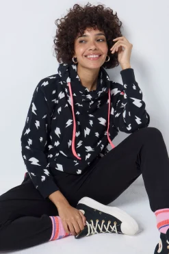 Women Scamp & Dude Black with White Lightning Bolt Cowl Neck Hoodie