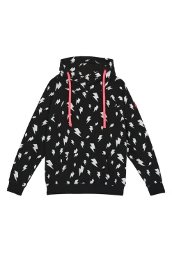 Women Scamp & Dude Black with White Lightning Bolt Cowl Neck Hoodie