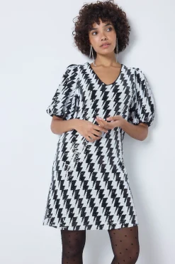 Women Scamp & Dude Black with White Lightning Bolt Sequin V-Neck Short Dress