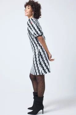 Women Scamp & Dude Black with White Lightning Bolt Sequin V-Neck Short Dress