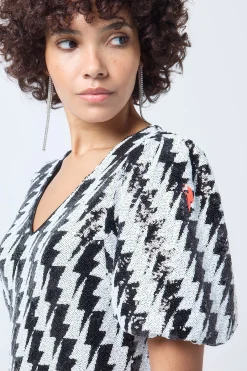 Women Scamp & Dude Black with White Lightning Bolt Sequin V-Neck Short Dress