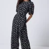 Women Scamp & Dude Black with White Love Leopard Puff Sleeve Wide Leg Jumpsuit