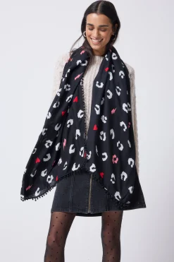 Women Scamp & Dude Black with White Love Leopard Charity Super Scarf