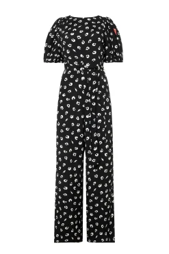 Women Scamp & Dude Black with White Love Leopard Puff Sleeve Wide Leg Jumpsuit