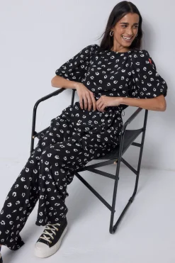 Women Scamp & Dude Black with White Love Leopard Puff Sleeve Wide Leg Jumpsuit