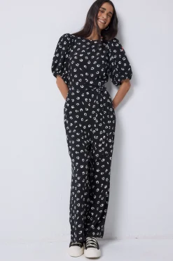 Women Scamp & Dude Black with White Love Leopard Puff Sleeve Wide Leg Jumpsuit
