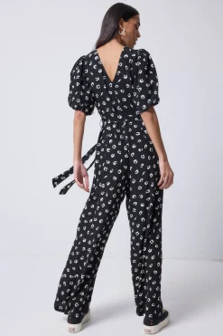 Women Scamp & Dude Black with White Love Leopard Puff Sleeve Wide Leg Jumpsuit