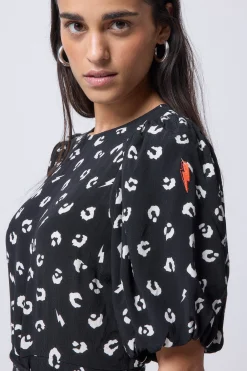 Women Scamp & Dude Black with White Love Leopard Puff Sleeve Wide Leg Jumpsuit