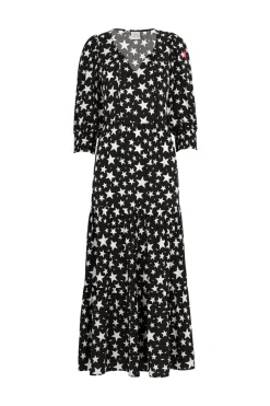 Women Scamp & Dude Black with White Star Tie Front Maxi Dress