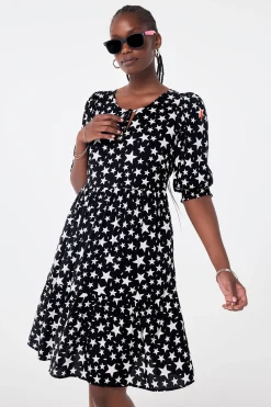 Women Scamp & Dude Black with White Star Tie Front Short Dress