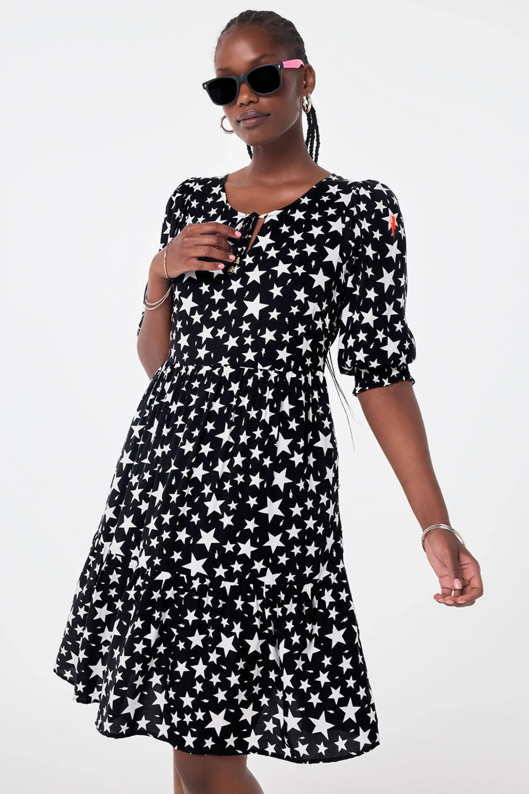 Women Scamp & Dude Black with White Star Tie Front Short Dress