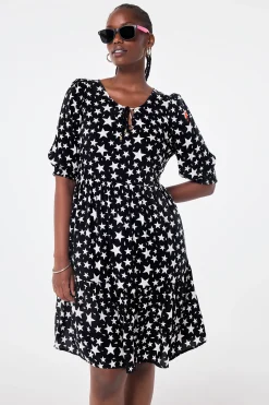 Women Scamp & Dude Black with White Star Tie Front Short Dress