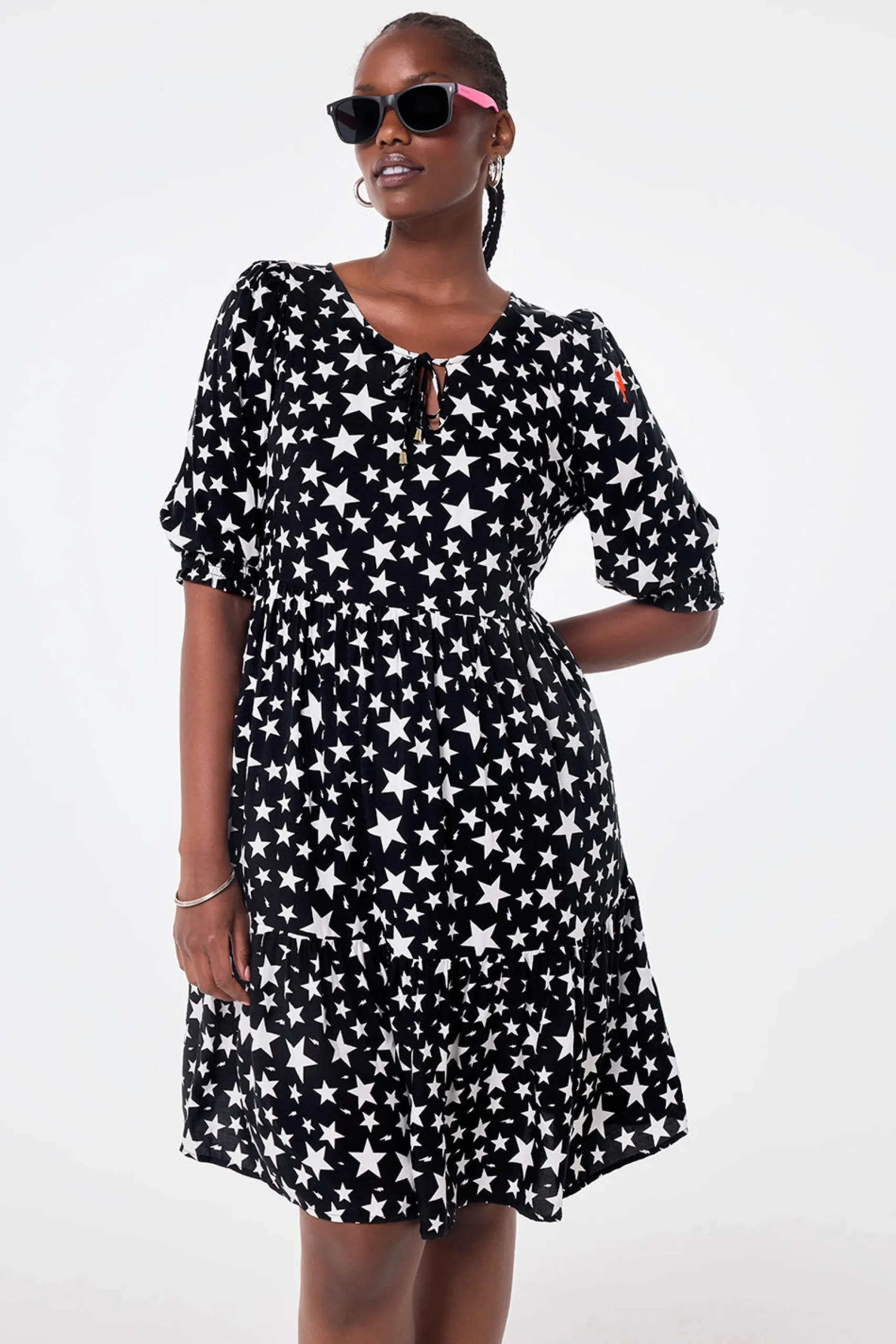 Women Scamp & Dude Black with White Star Tie Front Short Dress