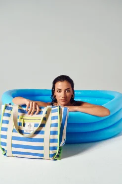 Women Scamp & Dude Blue and Ivory Stripe Canvas Tote Bag