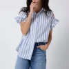 Women Scamp & Dude Blue and White Stripe Frill Sleeve Shirt