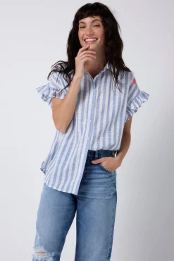Women Scamp & Dude Blue and White Stripe Frill Sleeve Shirt