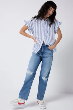 Women Scamp & Dude Blue and White Stripe Frill Sleeve Shirt