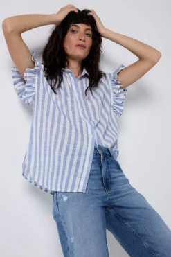 Women Scamp & Dude Blue and White Stripe Frill Sleeve Shirt