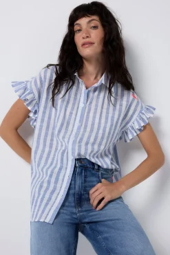 Women Scamp & Dude Blue and White Stripe Frill Sleeve Shirt