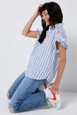 Women Scamp & Dude Blue and White Stripe Frill Sleeve Shirt