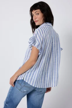 Women Scamp & Dude Blue and White Stripe Frill Sleeve Shirt