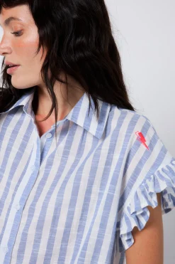 Women Scamp & Dude Blue and White Stripe Frill Sleeve Shirt