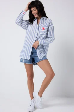 Women Scamp & Dude Blue and White Stripe Relaxed Shirt
