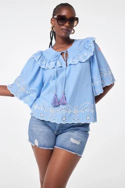 Women Scamp & Dude Blue Cutwork Blouse