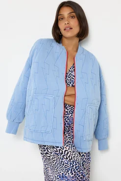 Women Scamp & Dude Blue Organic Cotton Quilted Lightning Bolt Oversized Bomber Jacket