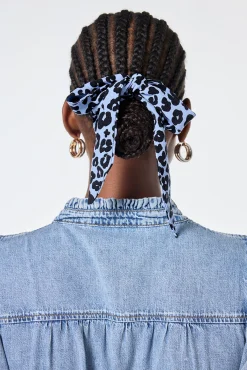 Women Scamp & Dude Blue with Black Floral Leopard Surplus Fabric Bow Scrunchie
