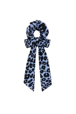 Women Scamp & Dude Blue with Black Floral Leopard Surplus Fabric Bow Scrunchie