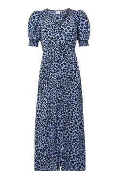 Women Scamp & Dude Blue with Black Floral Leopard Flute Sleeve Midi Tea Dress