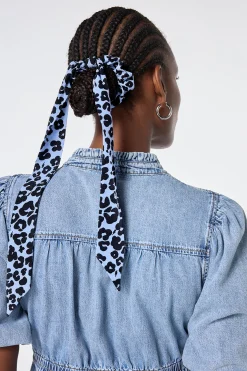 Women Scamp & Dude Blue with Black Floral Leopard Surplus Fabric Bow Scrunchie