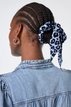 Women Scamp & Dude Blue with Black Floral Leopard Surplus Fabric Bow Scrunchie