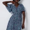 Women Scamp & Dude Blue with Black Leopard Angel Sleeve Short Tea Dress