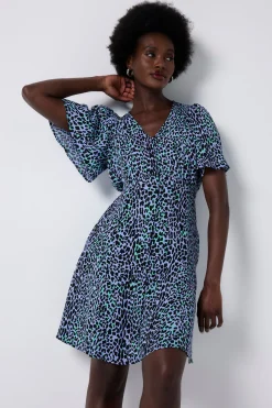 Women Scamp & Dude Blue with Black Leopard Angel Sleeve Short Tea Dress