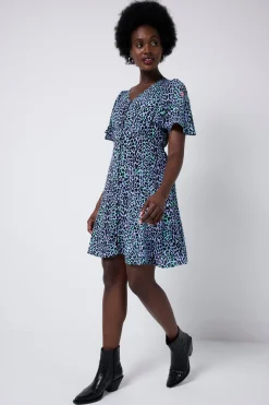 Women Scamp & Dude Blue with Black Leopard Angel Sleeve Short Tea Dress