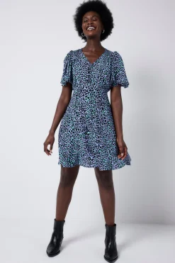 Women Scamp & Dude Blue with Black Leopard Angel Sleeve Short Tea Dress