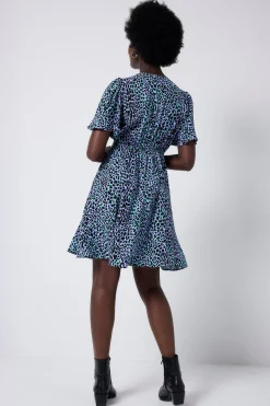 Women Scamp & Dude Blue with Black Leopard Angel Sleeve Short Tea Dress