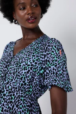 Women Scamp & Dude Blue with Black Leopard Angel Sleeve Short Tea Dress