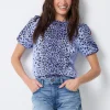 Women Scamp & Dude Blue with Black Wild Leopard Short Blouson Sleeve Top