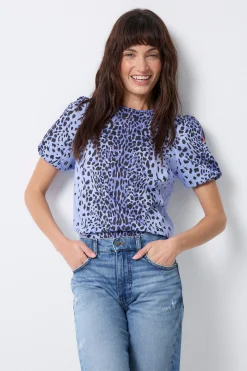 Women Scamp & Dude Blue with Black Wild Leopard Short Blouson Sleeve Top