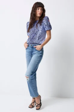 Women Scamp & Dude Blue with Black Wild Leopard Short Blouson Sleeve Top